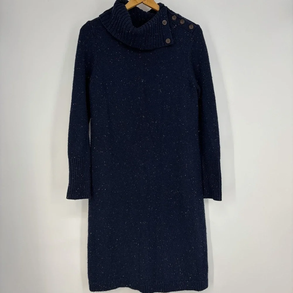 Talbots Sweater Dress M Navy Turtleneck Knit Cozy Winter Timeless Speckled Fall